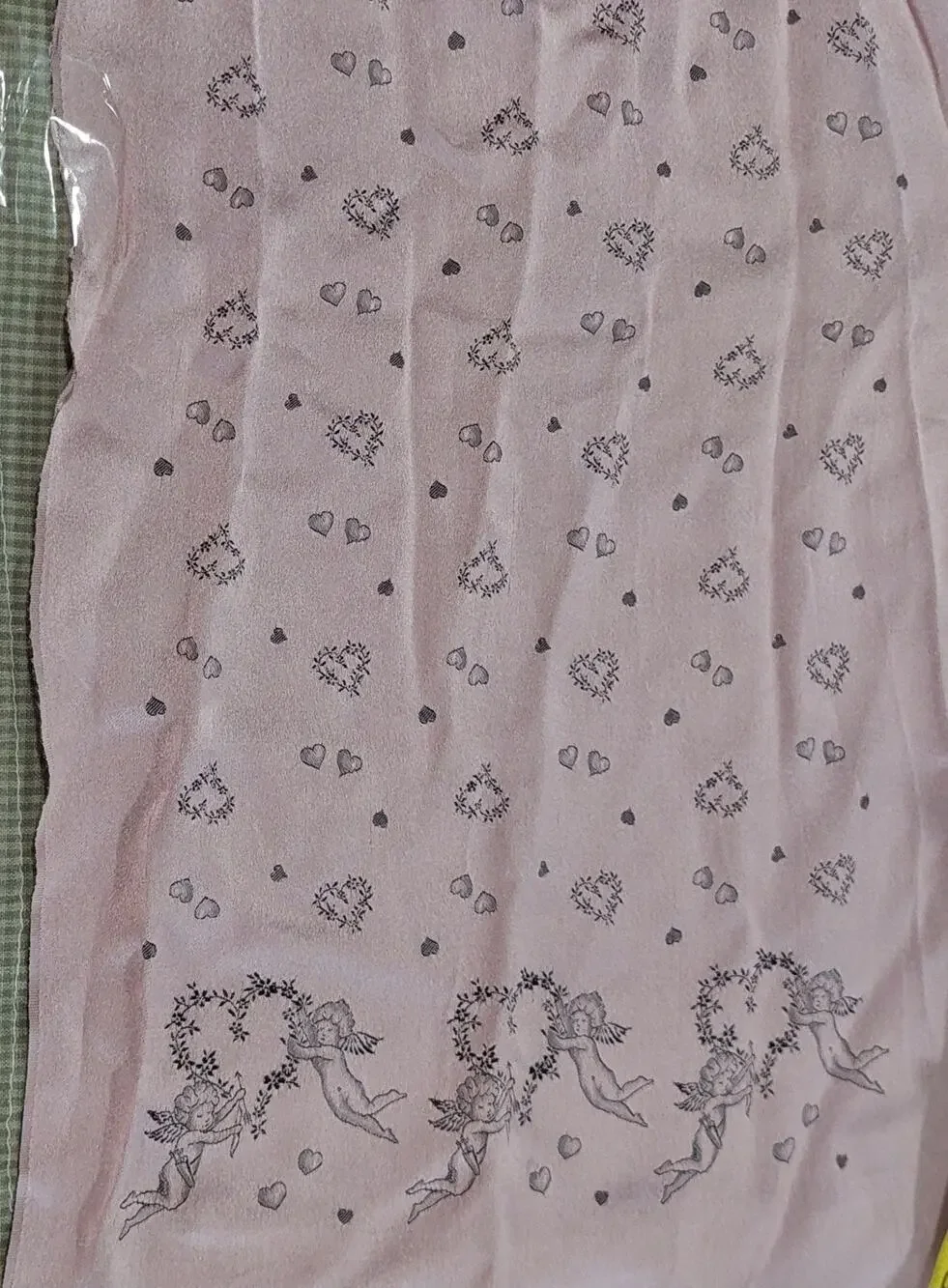 Vntg Soft Pink Gray Reversible Cupid Hearts Valentine Silk Scarf France 42x12